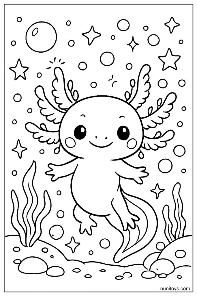 דף צביעה אקסולוטל חמוד מוקף כוכבים ובועות מתחת למים