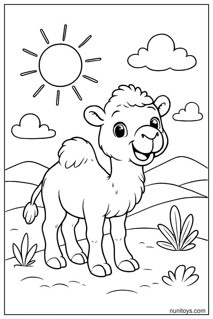 Camel Coloring Page Standing Under Sun in Desert
