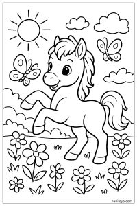 Cute Baby Horse Playing with Butterflies in a Sunny Meadow Coloring Page