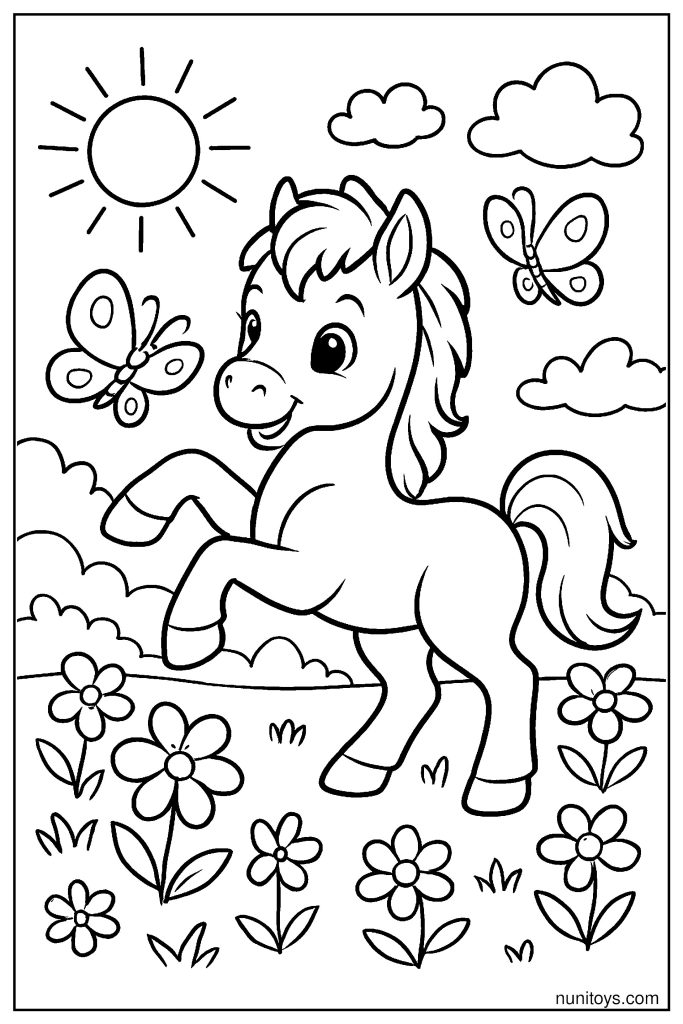 Cute Baby Horse Playing with Butterflies in a Sunny Meadow Coloring Page