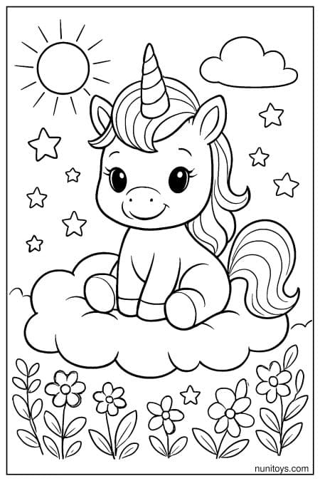 Unicorn Coloring Page Sitting on Cloud with Flowers