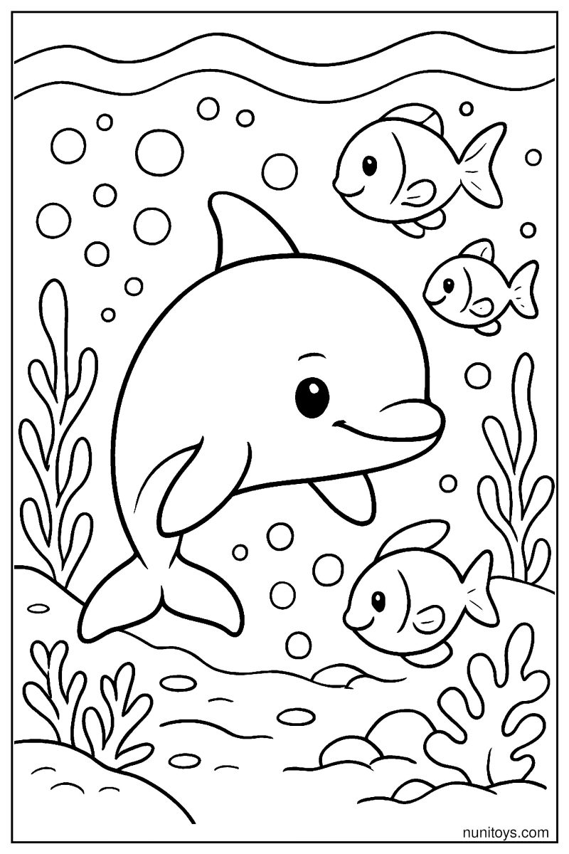 Cute Baby Vaquita Swimming with Smiling Fish Coloring Page