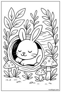 Sleeping Bunny in Burrow Coloring Page with Mushrooms