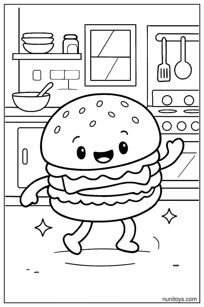 Cute Burger Dancing in a Colorful Kitchen Coloring Page