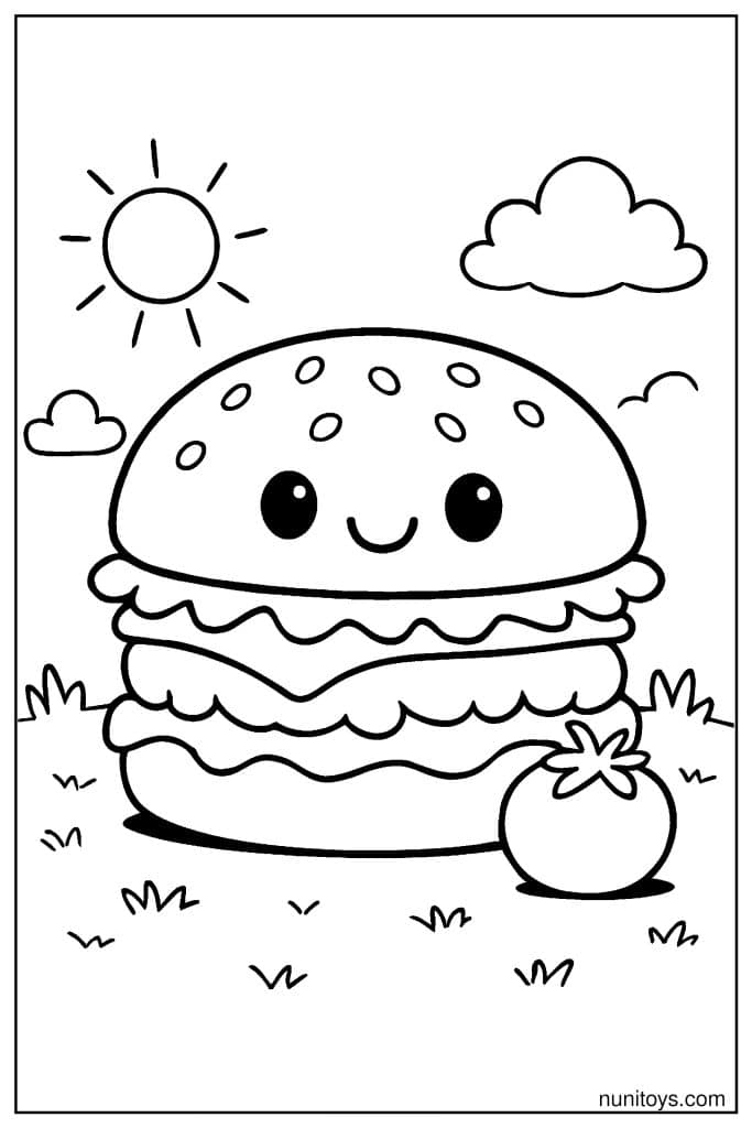 Cute Burger Coloring Page with a Smiling Face