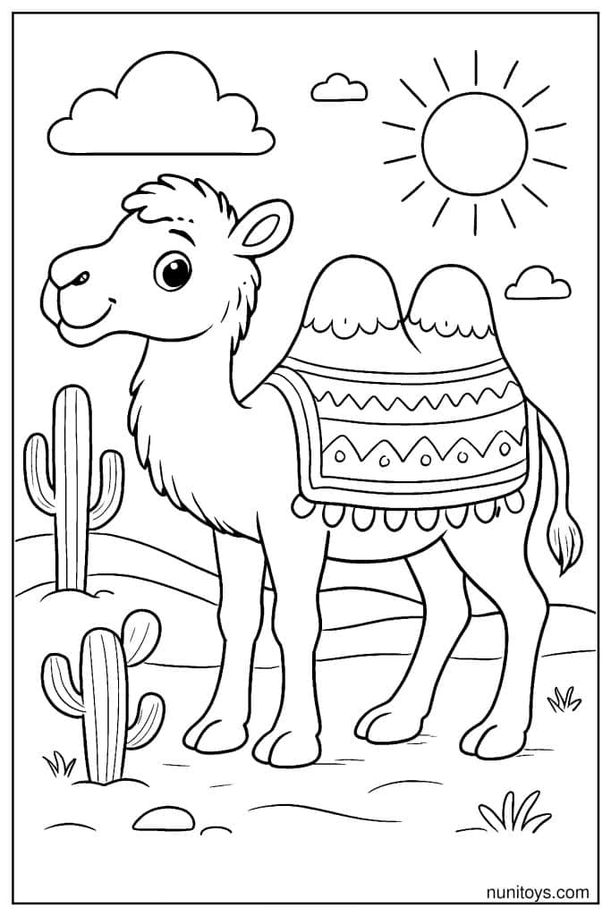 Decorated Camel Coloring Page with Patterns in Desert