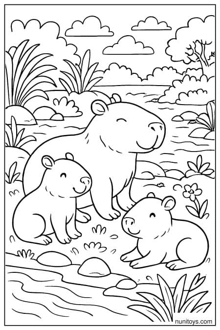 Capybara with babies resting near river in nature Coloring Page
