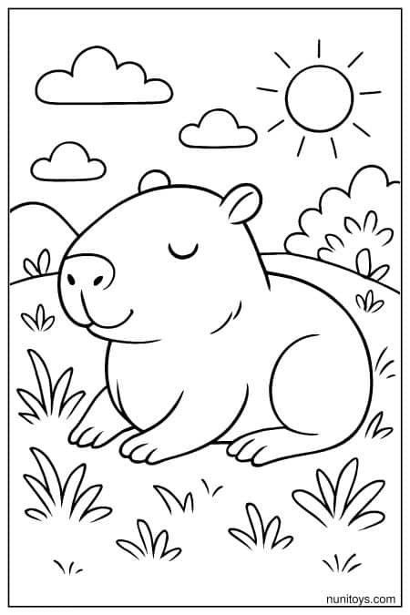 Capybara rests peacefully on grass under bright sun Coloring Page