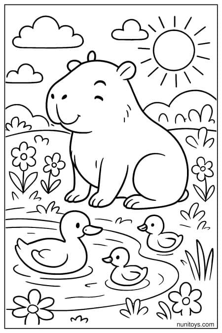 Capybara sits by pond watching ducks swim nearby Coloring Page