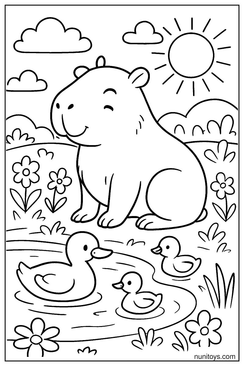 Cute Capybara by the Pond Coloring Page