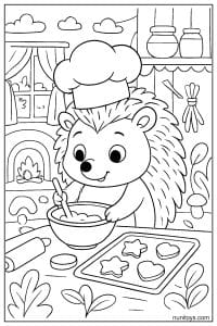 דף צביעה של קיפוד אופה עוגיות במטבח עם כובע שף