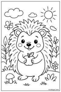 דף צביעה של קיפוד מחזיק תפוח בשדה