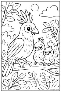 דף צביעה ציפור הואצין עם גוזלים על ענף