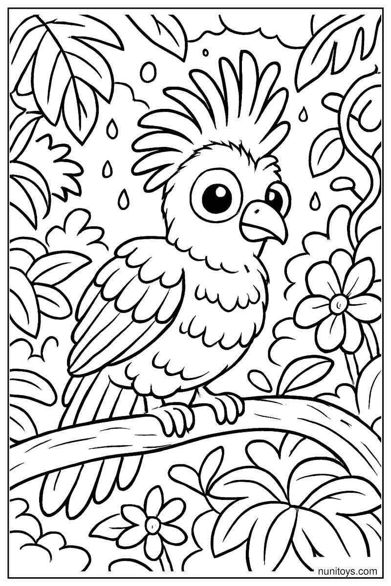 ציפור הואצין עם ציצית מרשימה דף צביעה בג'ונגל