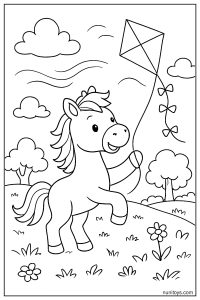 Cute Horse Flying a Kite in an Open Field Coloring Page