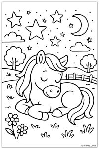 Cute Horse Sleeping Under Stars: Calm Nighttime Countryside Coloring Page