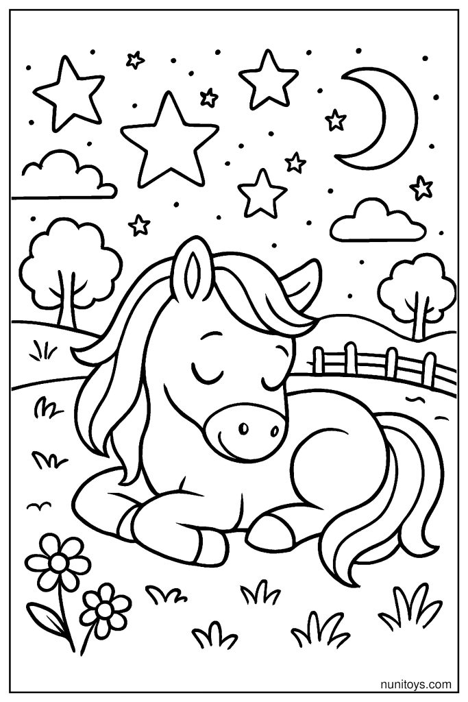 Cute Horse Sleeping Under Stars: Calm Nighttime Countryside Coloring Page