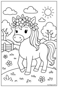 Cute Horse with a Flower Crown in a Peaceful Countryside Coloring Page