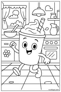 דף צביעה של מילקשייק חמוד רץ במטבח עם קצפת וקשית