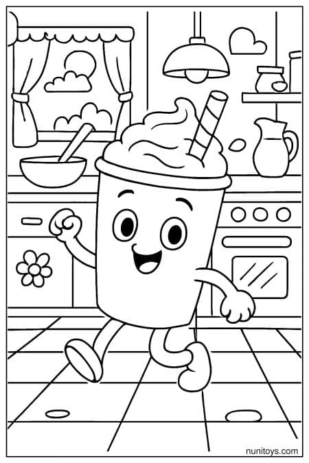 Cute Milkshake Dancing in a Bright Kitchen Coloring Page