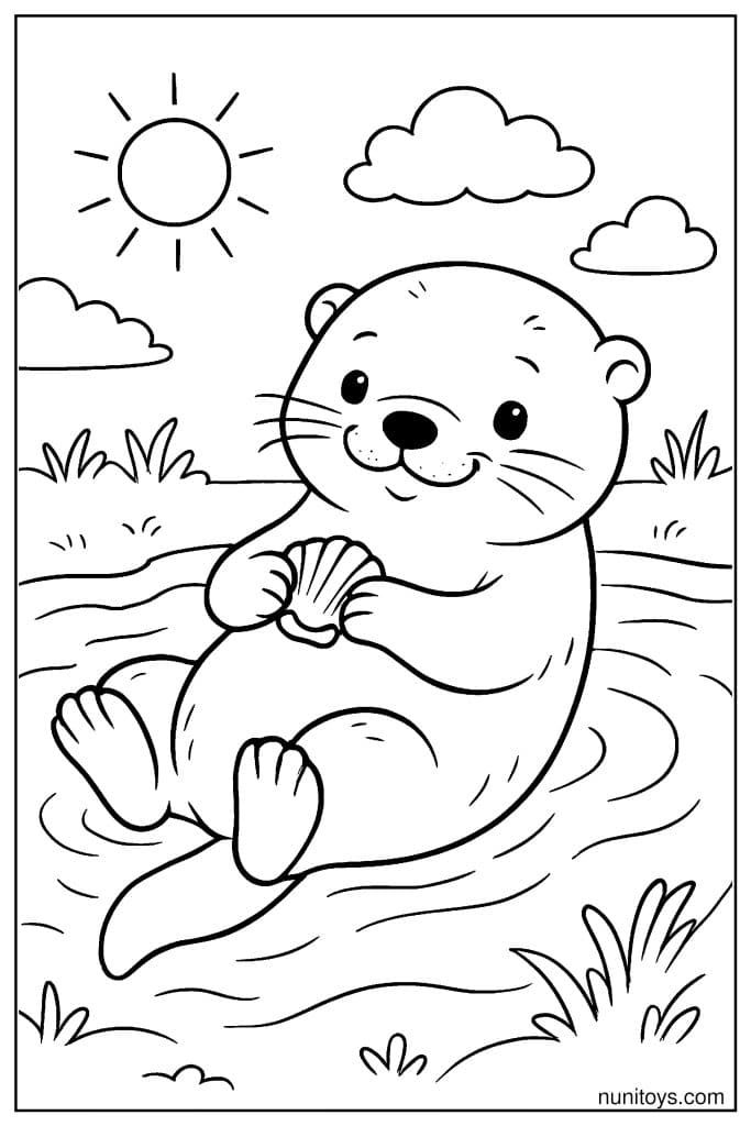 דף צביעה של לוטרה חמודה יושבת במים עם צדפה