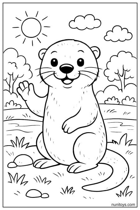 Otter waves while standing in shallow water under sun coloring sheet