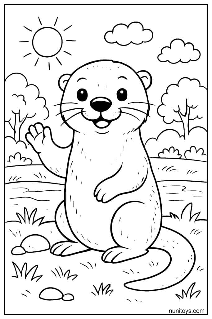 דף צביעה של לוטרה מנופפת ביד ליד הנהר