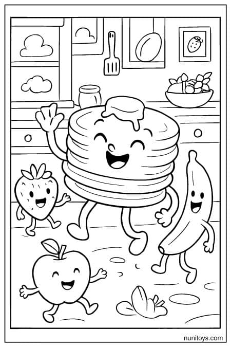 Dancing Pancake Stack with Fruit Friends in a Fun Kitchen Coloring Page