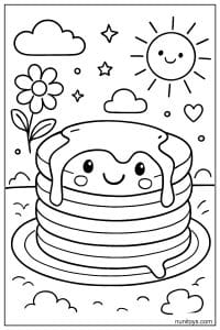 דף צביעה של פנקייק מחייך עם סירופ תחת שמש וכוכבים
