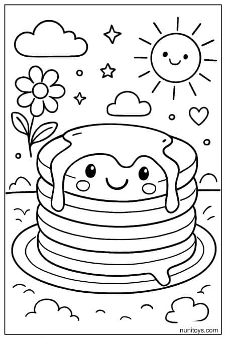 Happy Pancake Stack with Syrup Under a Smiling Sun Coloring Page
