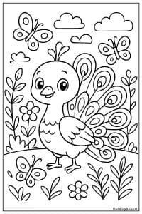 דף צביעה טווס קטן עומד בין פרחים ופרפרים