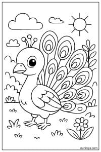 דף צביעה טווס עומד בשדה עם זנב פתוח ודוגמאות