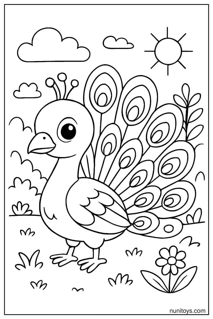 דף צביעה טווס עומד בשדה עם זנב פתוח ודוגמאות