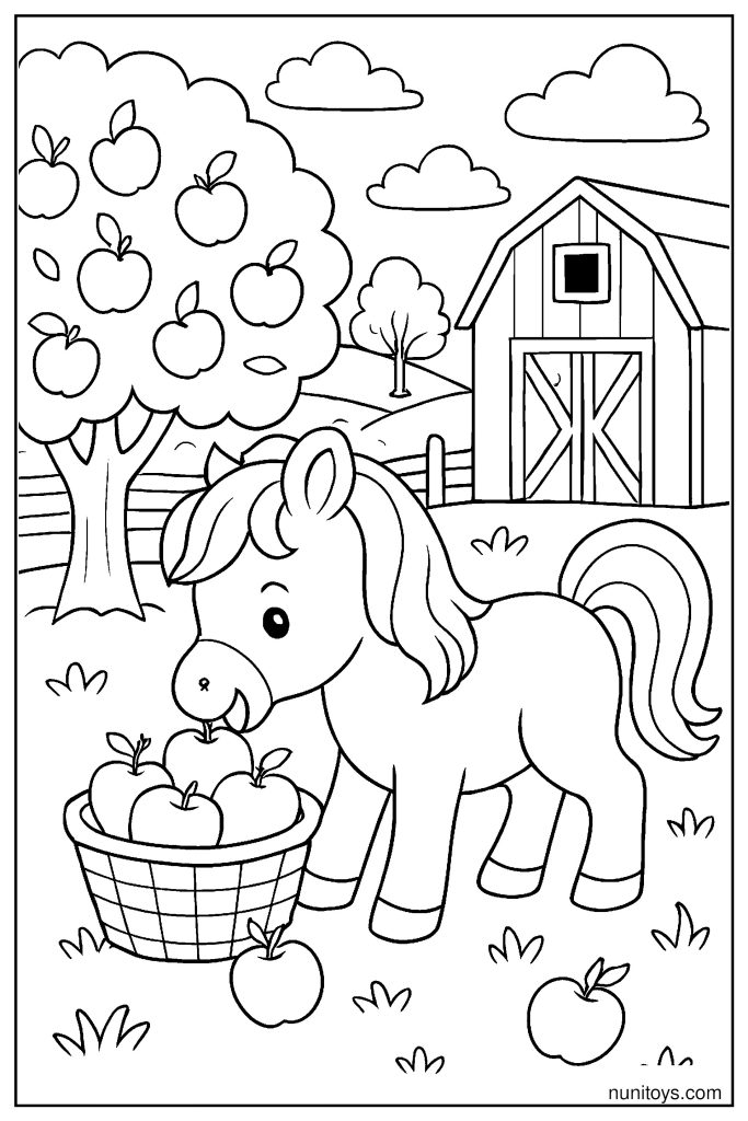 Cute Pony Eating Apples on a Farm Scene Coloring Page