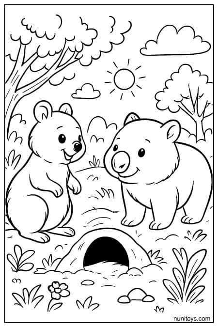 Quokka and wombat looking at burrow in the ground Coloring Page