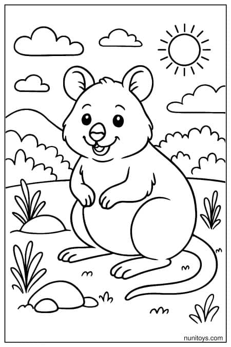 Smiling quokka sits on ground with hills and sun Coloring Page
