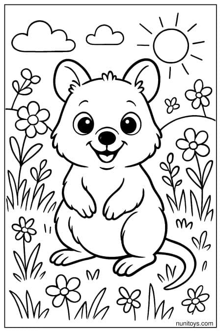 Happy quokka stands among flowers under bright sun Coloring Page