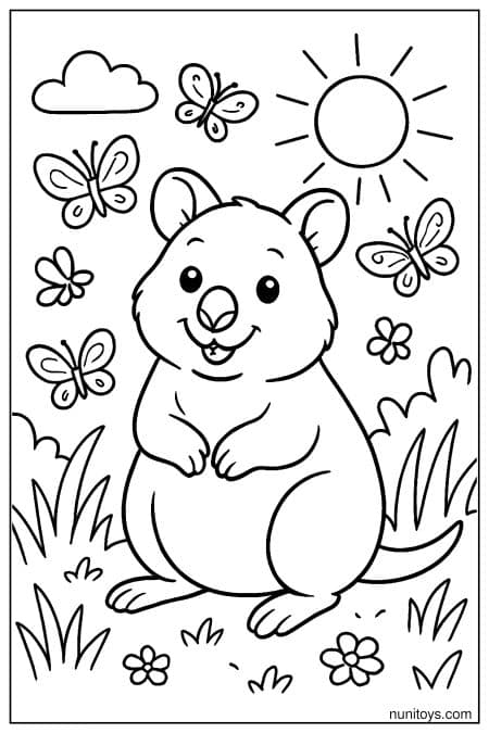Smiling quokka surrounded by butterflies and blooming flowers Coloring Page