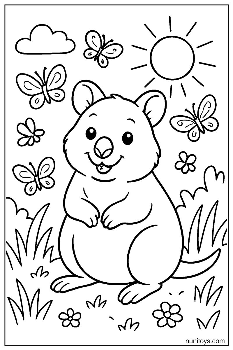 Cute Quokka Surrounded by Butterflies in a Sunny Grass Scene Coloring Page