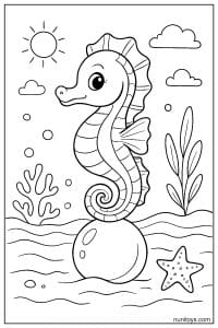 Printable Seahorse on Rock with Sun and Ocean Scene