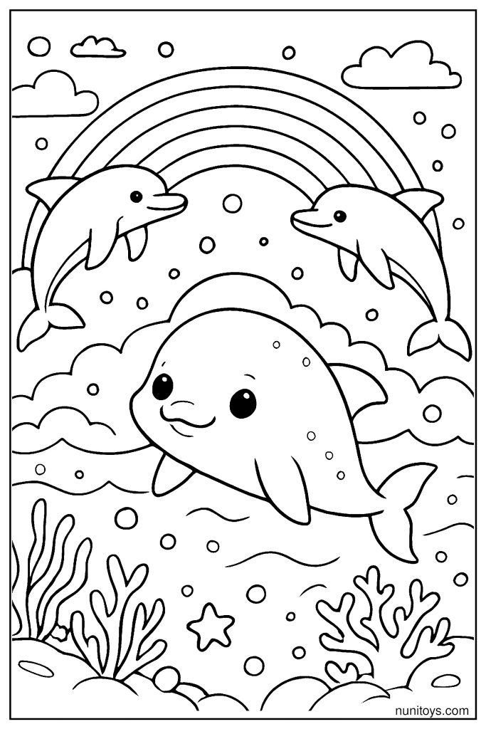 Cute Vaquita Swimming Under a Rainbow with Dolphins Coloring Page