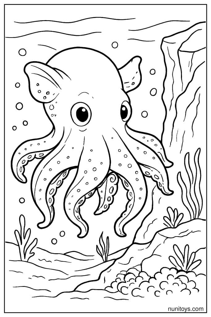 Printable Dumbo Octopus Near Rock Wall and Seaweed