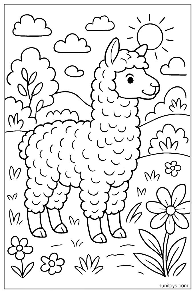 דף צביעה אלפקה פרוותית עומדת בין פרחים בשדה