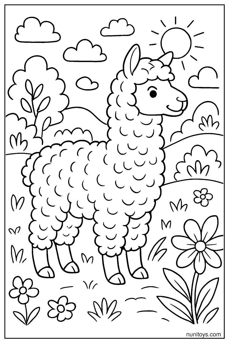 דף צביעה אלפקה פרוותית עומדת בין פרחים בשדה