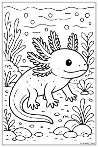 דף צביעה אקסולוטל חמוד בין צמחי מים וסלעים