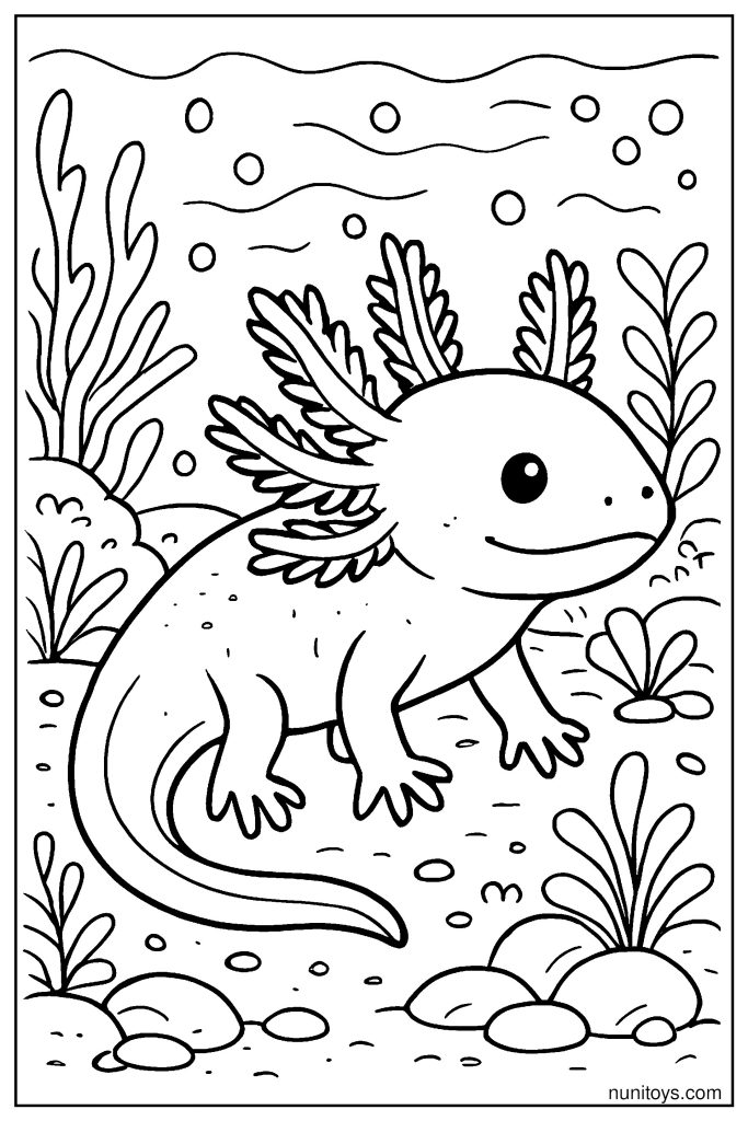 דף צביעה אקסולוטל חמוד בין צמחי מים וסלעים