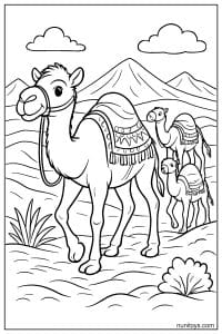 Printable Camel with Caravan and Mountains in Background
