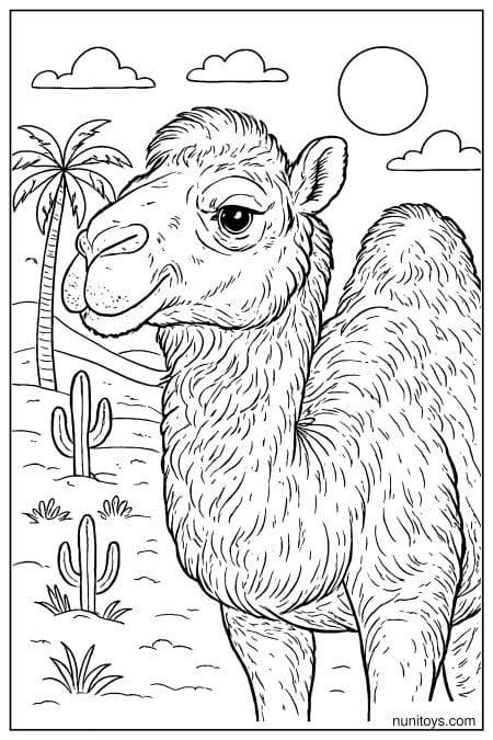 Printable Camel Close-Up with Palm Tree and Cactus