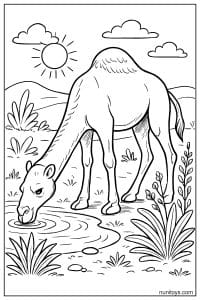 Printable Camel Drinking Water in Desert Oasis Scene
