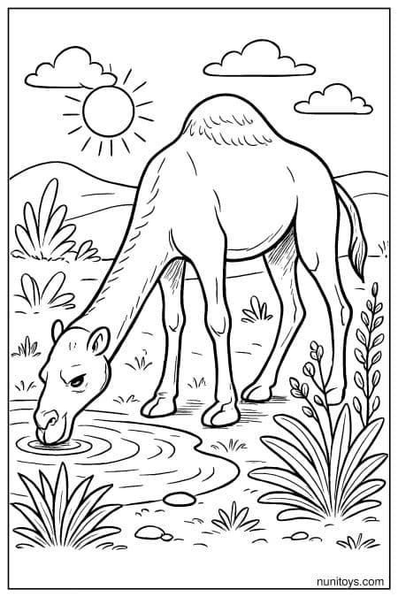 Printable Camel Drinking Water in Desert Oasis Scene